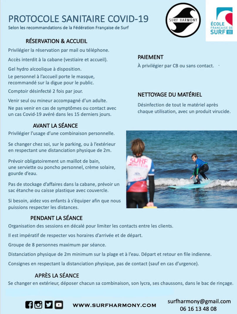 Protocole sanitaire Surf Harmony, école de surf labellisée par la Fédération Française de Surf, à St Briac sur mer en Bretagne.